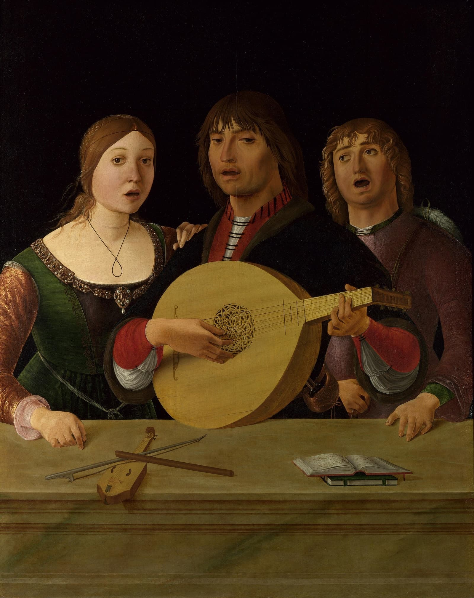 Un concerto — three Renaissance singers around a music book, by Lorenzo Costa