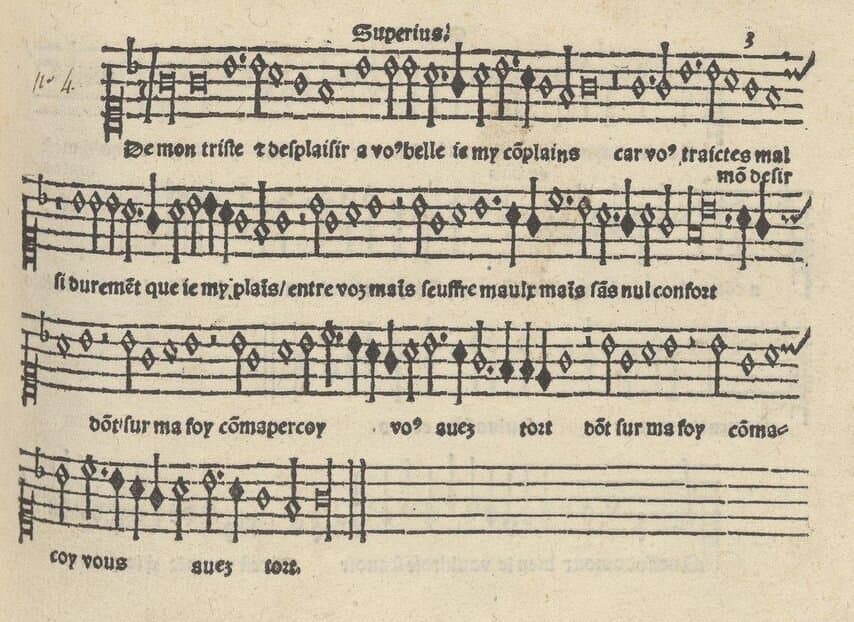 Superius page of De mon triste déplaisir by Jean Richafort, 1529 edition